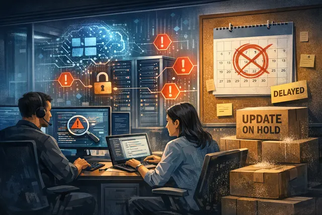 Abstract editorial illustration of AI-assisted security scanning delaying a Microsoft Exchange Server update