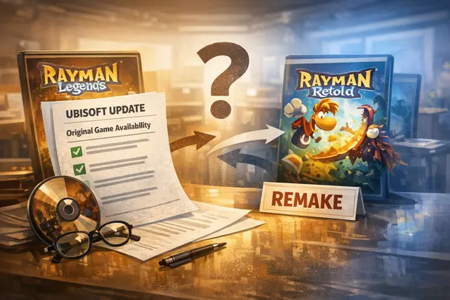 Rayman from Rayman Legends in a dynamic pose against a vibrant, colorful backdrop representing the remade game's new 3D visual style.
