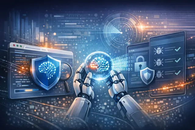 Abstract digital illustration representing AI-powered Chrome security with a shield, bug icons, and AI agent symbols.