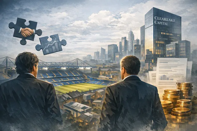 Editorial illustration of Chelsea FC ownership sale talks involving Todd Boehly, Mark Walter and Clearlake Capital