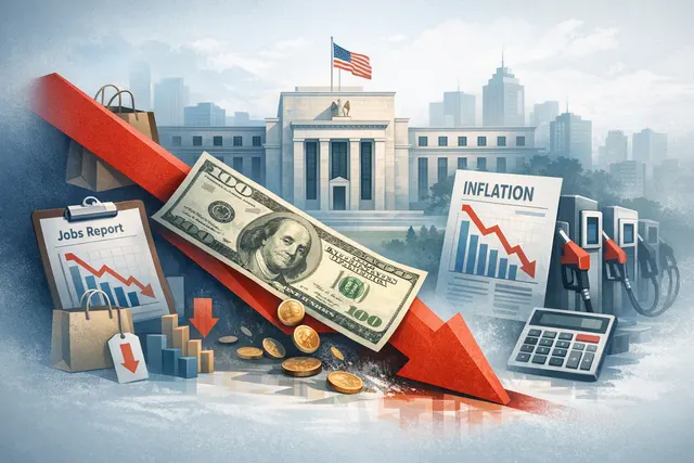 Editorial illustration of the US dollar weakening as softer economic data changes Federal Reserve rate expectations