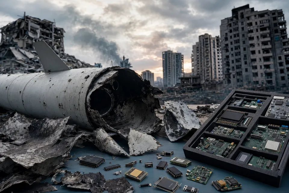 Illustration representing analysis of Russian Kh‑101 missile debris showing foreign electronic components after a Kyiv strike