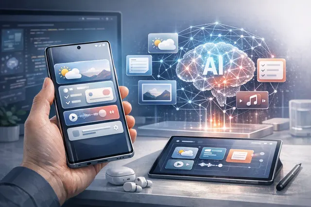 Conceptual illustration of Samsung One UI 9.5 generating a modular AI widget from a natural-language request