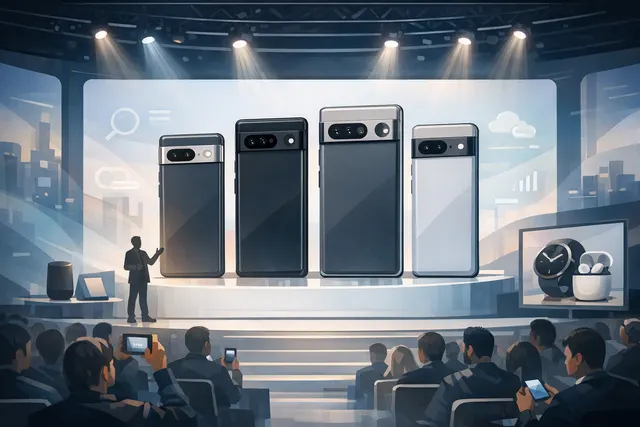 Google Pixel 11 lineup displayed against a dark background, showing the four models: Pixel 11, Pixel 11 Pro, Pixel 11 Pro XL, and Pixel 11 Pro Fold with the new camera bar design.