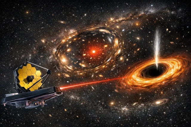 Artist's impression of a supermassive black hole dominating a small, chemically pristine galaxy in the early universe, with gas and dust swirling in an accretion disk
