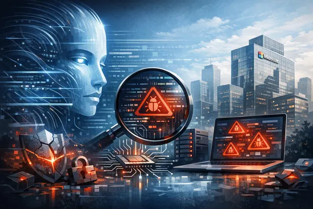 Digital illustration representing AI-driven vulnerability discovery with a magnifying glass over software code, symbolizing Anthropic's Claude Mythos finding bugs in Microsoft prod