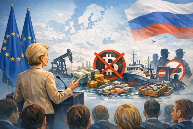 Illustration symbolizing the EU's 21st sanctions package against Russia, with elements representing oil, crypto, trade, and travel restrictions.