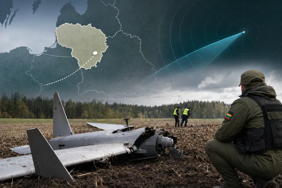Illustration of a military drone over the Baltic region representing the suspected Ukrainian drone crash in Lithuania