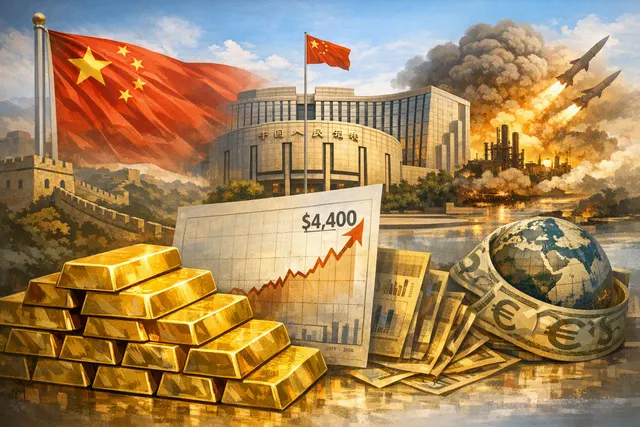 A stylized image of gold bars with a Chinese flag background and financial chart lines, representing the PBOC's record gold buying streak and its impact on global markets.