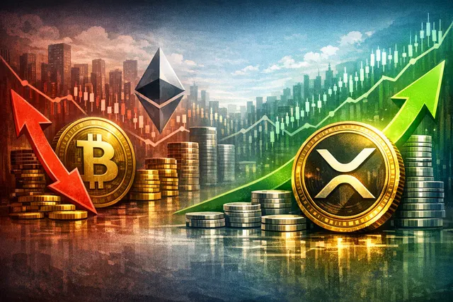 A 3D bar chart showing diverging crypto ETF flows with green XRP bars rising and red Bitcoin and Ethereum bars falling.