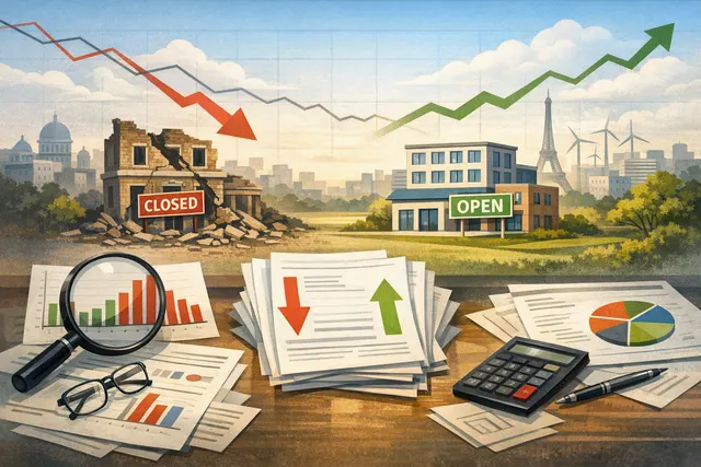Editorial illustration of European businesses facing rising bankruptcies and slower new business formation