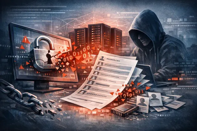 Digital illustration of a locked data server with a broken chain, representing a data breach