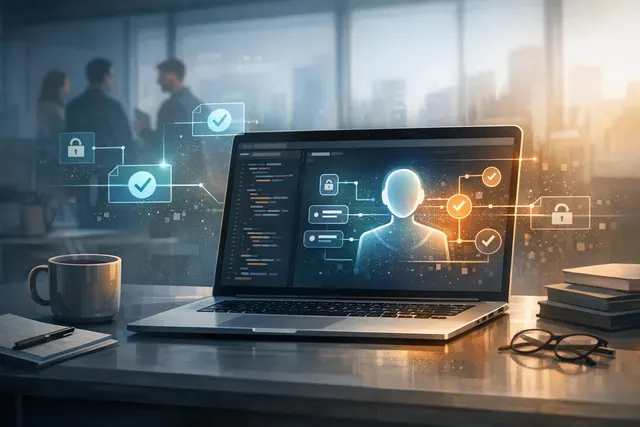 Editorial illustration of an autonomous AI coding agent navigating software tools, browser windows, and competing system processes