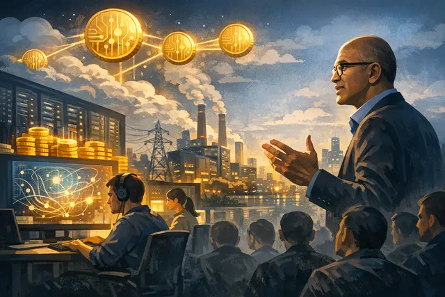 Satya Nadella speaking on stage about the costs of AI overuse with a visual representation of token consumption