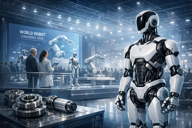 Humanoid robot working beside industrial machinery in a factory, representing the Schaeffler and Hexagon AEON manufacturing partnership