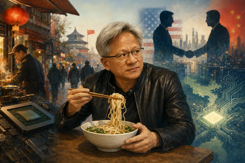 Illustration of Nvidia CEO Jensen Huang eating noodles on a Beijing street during a high-profile China visit