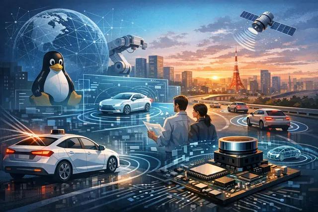 Editorial illustration of an autonomous vehicle and connected open-source technology protected by a patent network