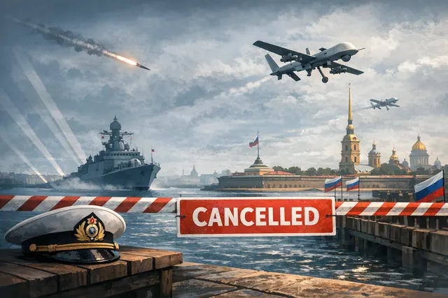 Conceptual illustration of Russian warships on the Neva River in St. Petersburg with a dark sky and drone silhouettes, representing the cancellation of the Navy Day parade due to U
