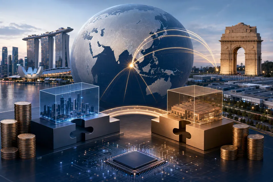 Illustration of global AI infrastructure and semiconductor manufacturing linked to Foxconn investments