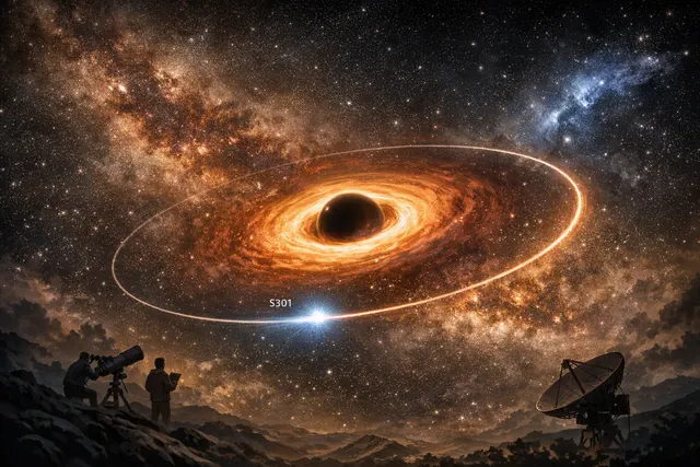 Illustration of the faint star S301 racing along an elongated orbit around the Milky Way’s central black hole, Sagittarius A*