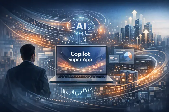 Abstract AI concept visualization of Microsoft Copilot super app combining chat, code, and autonomous agents