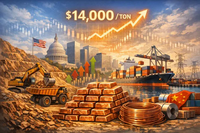 Copper wires and industrial metal ingots, representing the copper market rally above $14,000 per ton.