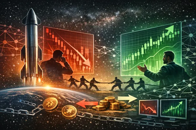 Abstract visualization of a pricing dispute in the on-chain SpaceX pre-IPO perpetual market after an amended filing revealed a higher share count