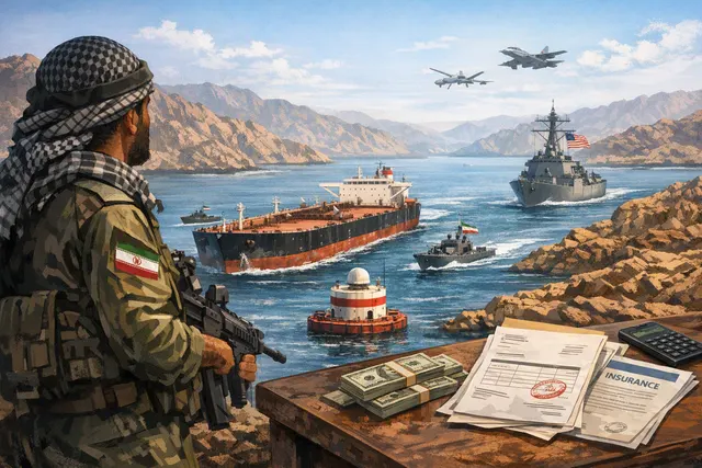 A satellite-style or editorial illustration of the Strait of Hormuz chokepoint between Iran and Oman, showing shipping lanes, military presence, or energy tankers — representing th