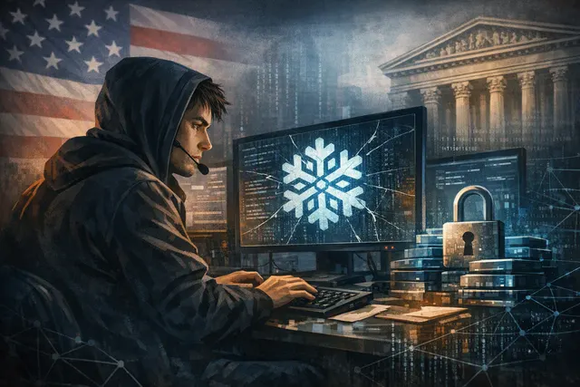 Digital illustration representing the Snowflake data breach extortion campaign by Connor Moucka, showing cloud storage servers with broken lock icons and stolen data symbols.