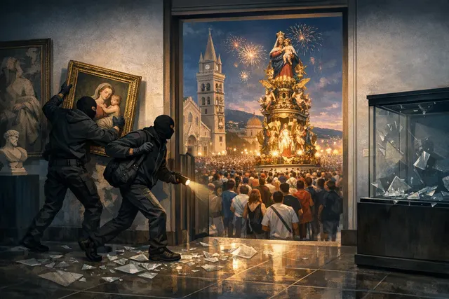 Editorial illustration of the Antonello da Messina artworks stolen from the MuMe museum in Messina during the August 15, 2026 heist