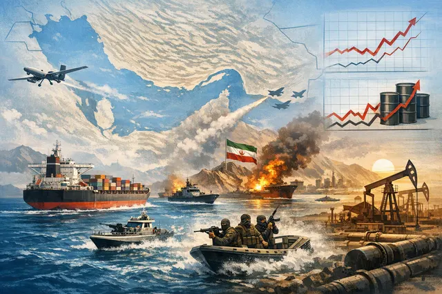Editorial visualization of a cargo ship navigating the Strait of Hormuz under threat, representing the 2026 maritime crisis and the collapse of shipping traffic.