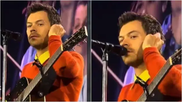 Harry Styles performing during his 2026 Together, Together tour around the time a viral Amsterdam clip appeared to show him replying 'Correct' to a 'Viva Palestina' chant