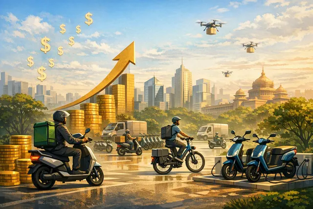 AI-generated illustration of Yulu electric scooters in an urban Indian setting, representing the company's fleet expansion and quick-commerce delivery focus.