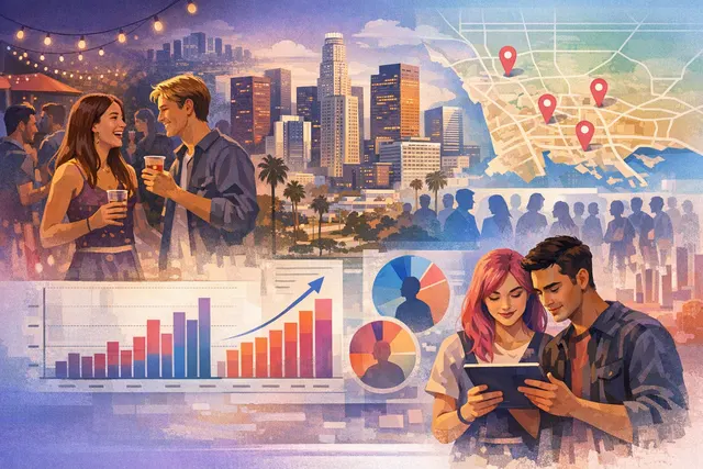 Tinder in-person Events feature illustration showing a smartphone displaying an event discovery interface with icons for pottery classes, bowling, and group hikes