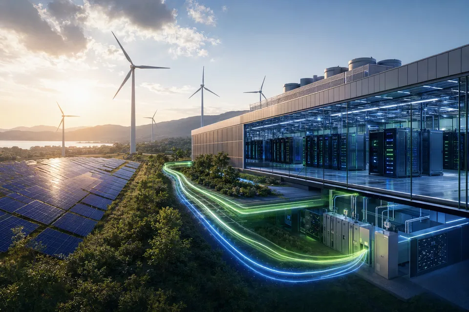 Concept illustration of AI data centers powered by renewable energy representing Google’s 24/7 carbon‑free energy goal