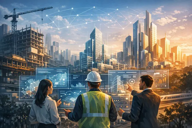 AI-generated abstract visualization of construction project data and predictive analytics representing Cascade's AI platform