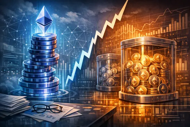 Visual representation of Ethereum staking reaching a record 41.7 million ETH, locked in a proof-of-stake validator network while price charts show decline.