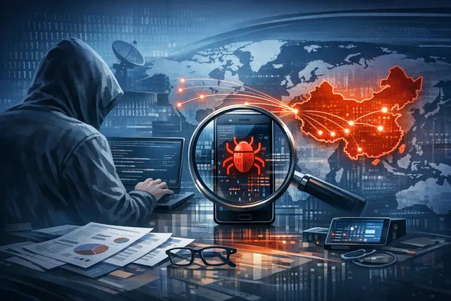 Digital illustration of a global surveillance network with map connections, representing LightSpy spyware operating across 13 countries.