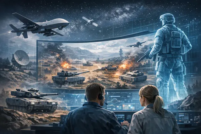 Digital battlefield terrain visualized as a synthetic training arena for autonomous weapons systems
