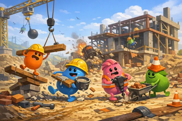 Editorial illustration representing Dumb Ways to Build's chaotic construction physics and multiplayer gameplay