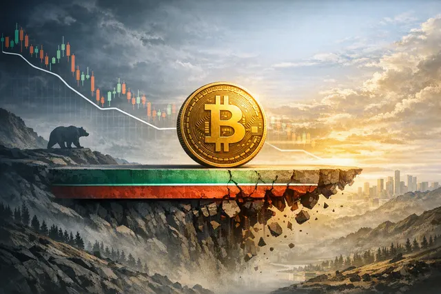 Bitcoin price chart illustration showing the $63,000 to $63,200 support zone during a late-bear-market test