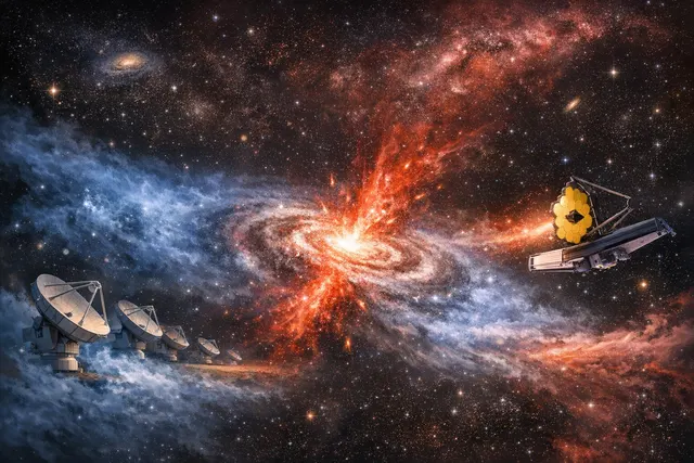 An artist's illustration of a massive early galaxy expelling a powerful wind of cold gas and dust, representing the supernova-driven outflow discovered in the galaxy CRISTAL-02 by