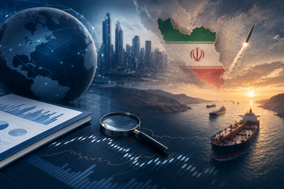 Illustration of global financial markets reacting to geopolitical tension in the Strait of Hormuz and rising oil prices