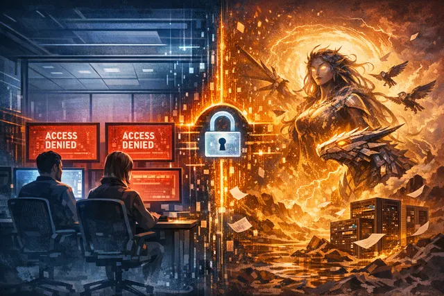 Conceptual image of a Microsoft building with a chain blocking a Claude AI model inside, while a separate arrow shows the model available to outside customers.