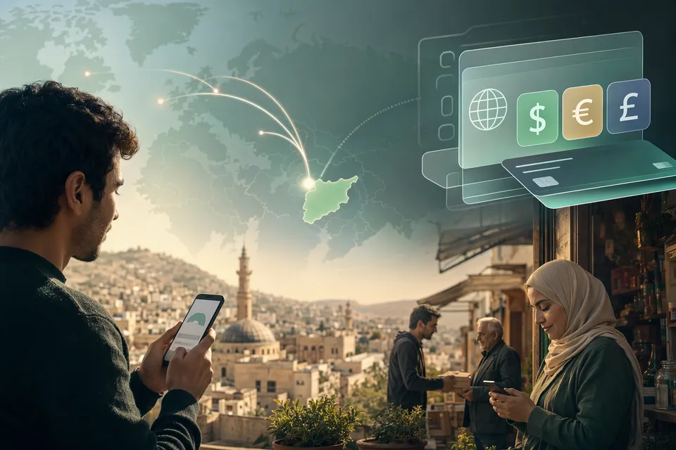 Illustration of cross‑border digital banking connecting Syria to international financial networks