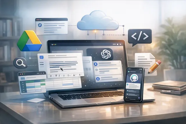 Abstract digital workspace concept with ChatGPT interface, Google Drive files, and Adobe creative tools represented as interconnected elements.