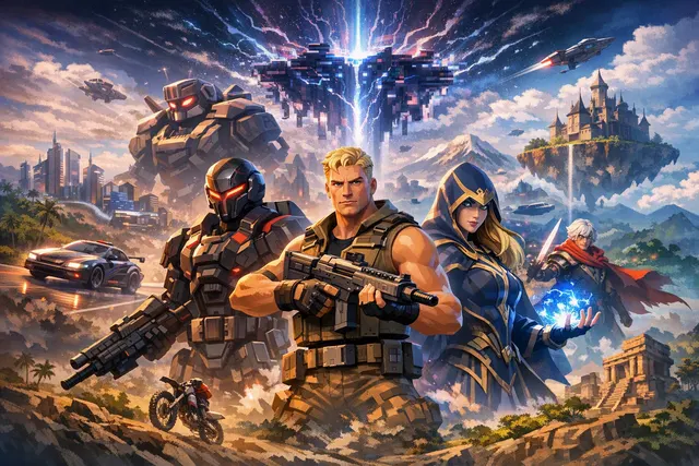 Fortnite Chapter 7 Season 4 Override key art showing the pixelated glitch logo with Sonic, Tetris, and Persona 5 Joker silhouettes.
