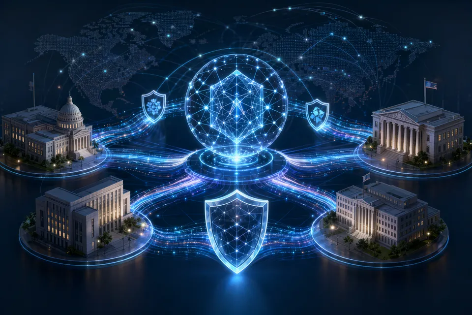 Concept illustration of AI analyzing cybersecurity vulnerabilities across global computer networks