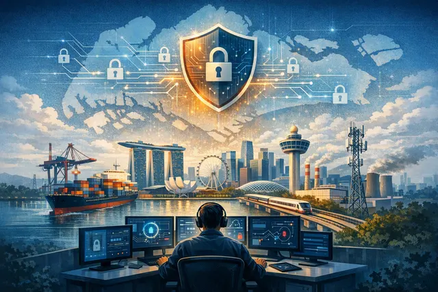 Illustration of Singapore’s critical infrastructure protected by cybersecurity monitoring and network defenses
