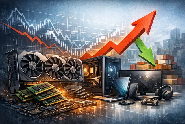 Illustration showing the AI-driven DRAM memory crisis impacting GPU, PC, and Apple product prices in 2026 with chips and price tags